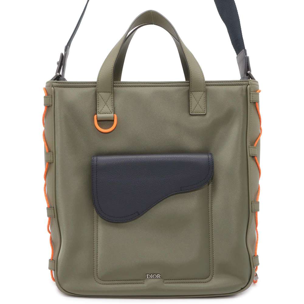 Dior Sakai Collaboration Saddle 2WAY Tote Bag Khaki/Black 1ADSH198USF Nylon Leather