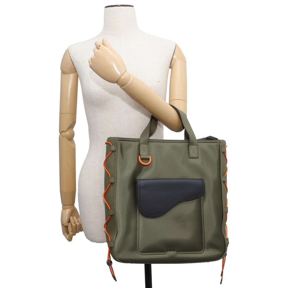 Dior Sakai Collaboration Saddle 2WAY Tote Bag Khaki/Black 1ADSH198USF Nylon Leather