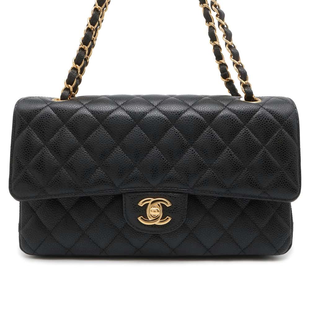 CHANEL Matelasse W Flap ChainShoulder Bag Black A01112 Caviar Leather Size 25