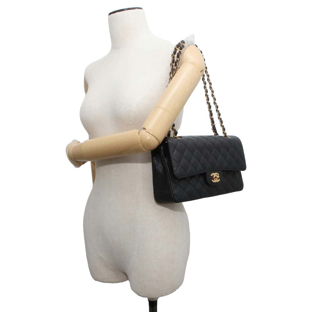 CHANEL Matelasse W Flap ChainShoulder Bag Black A01112 Caviar Leather Size 25