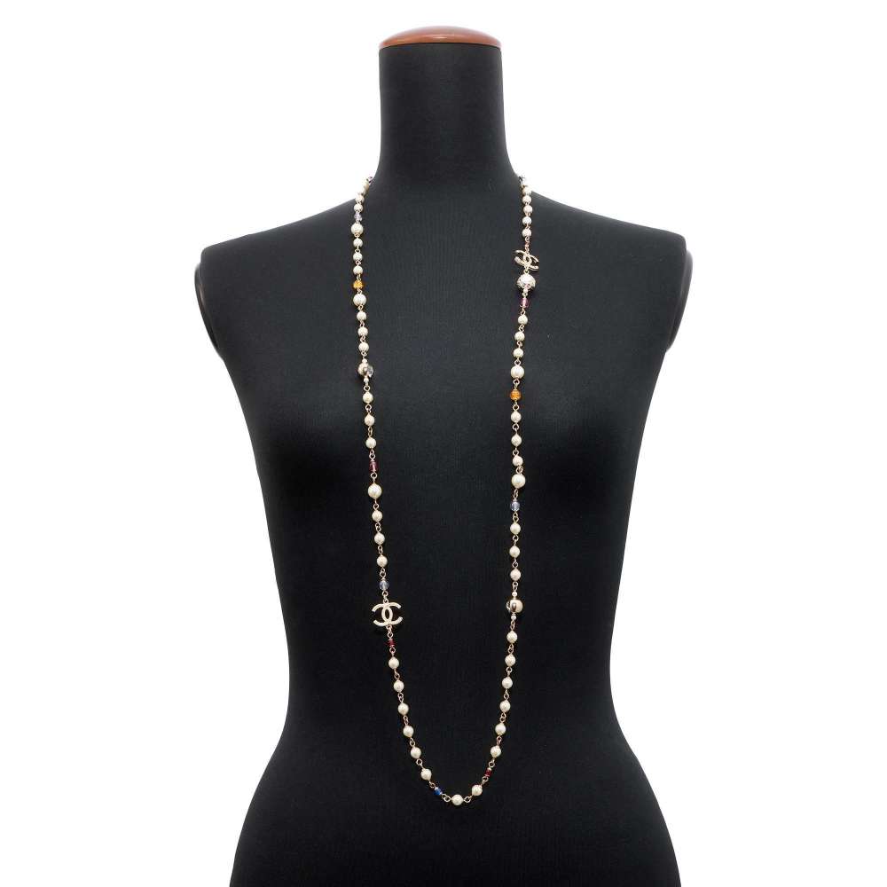CHANEL CC Logo Faux Pearl  Necklace Champagne Gold Metal