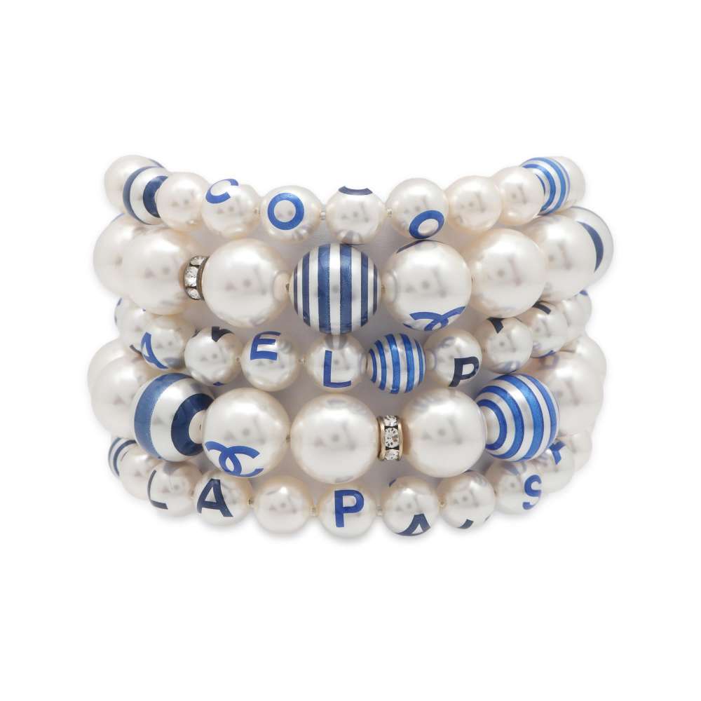 CHANEL Faux Pearl 5 Row Bracelet Champagne Gold Metal