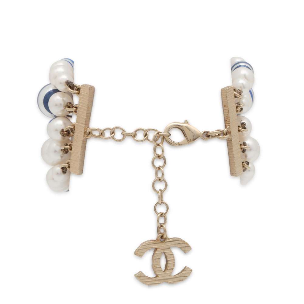CHANEL Faux Pearl 5 Row Bracelet Champagne Gold Metal
