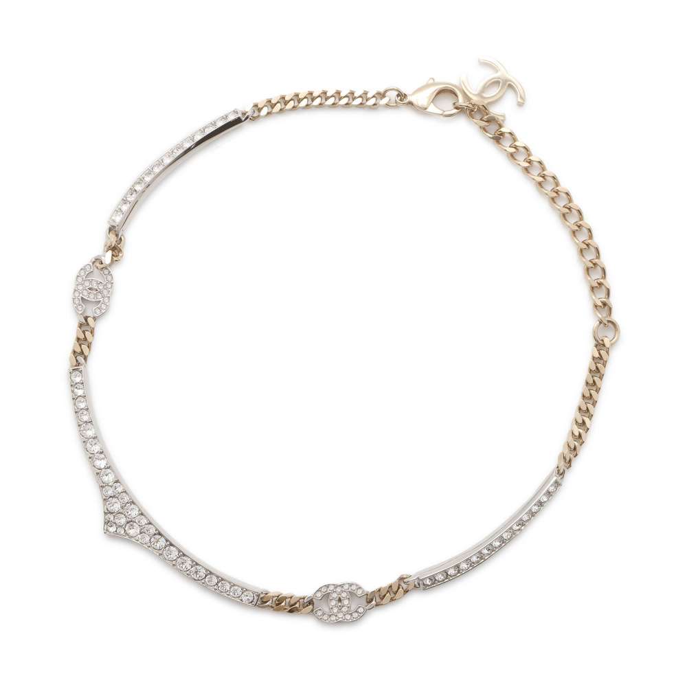 CHANEL CC Logo Rhinestone 3-piece choker Silver/Gold Metal