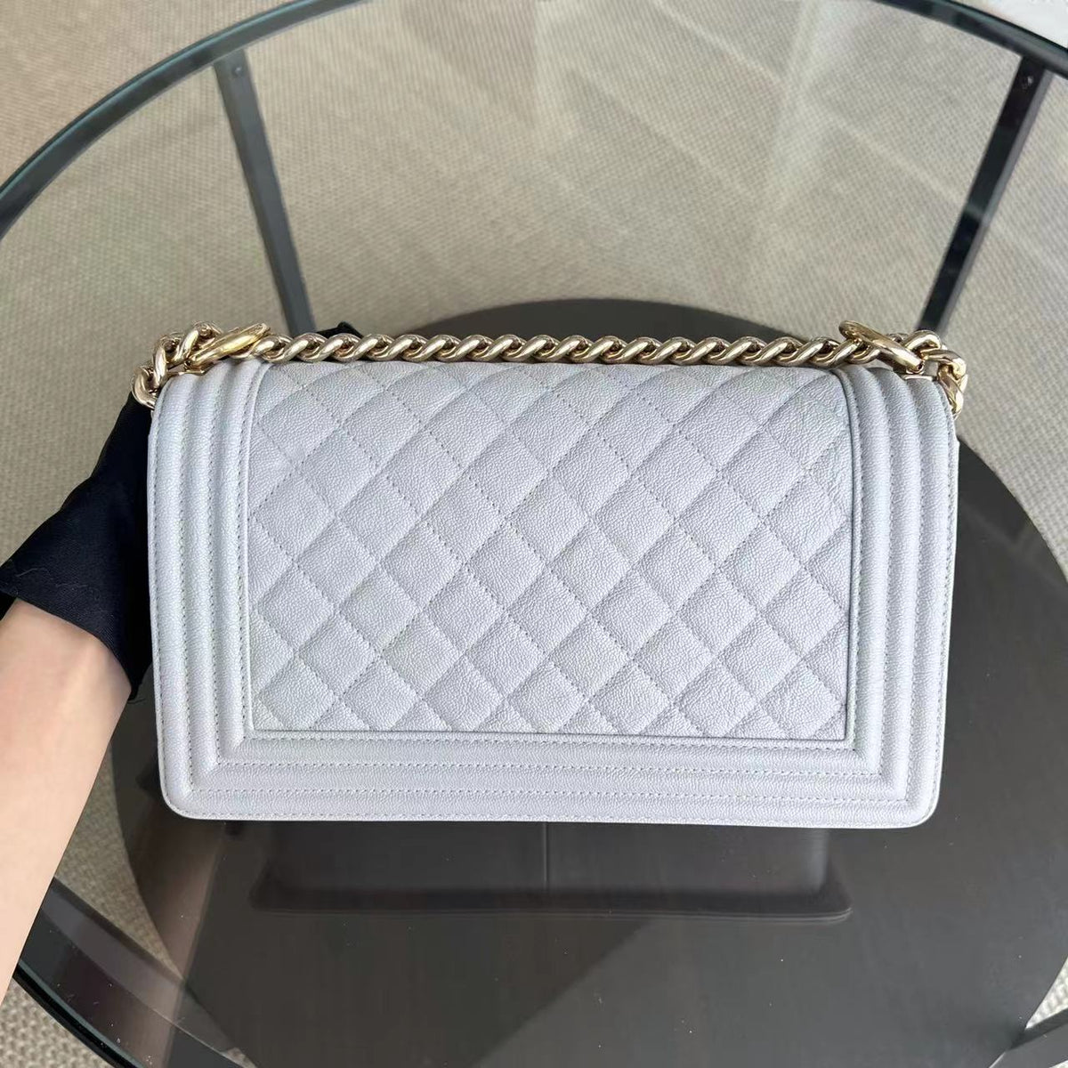 Caviar Boy Old Medium 25CM Quilted Grained Calfskin Light Grey Gray Golden Hardware Series 28