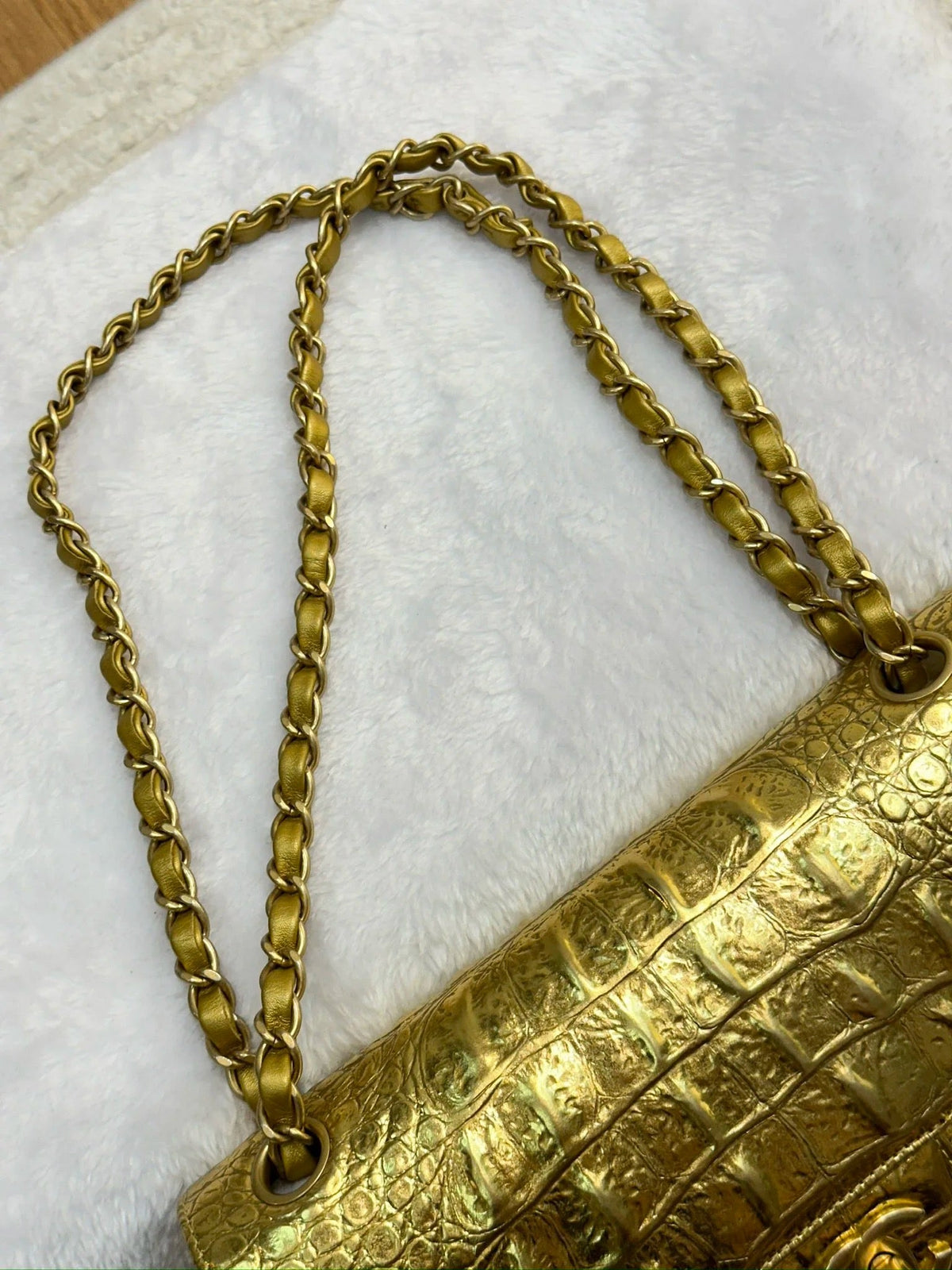 Chanel Medium  Calfskin Crocodile Embossed  Gold Metallic Flap Bag
