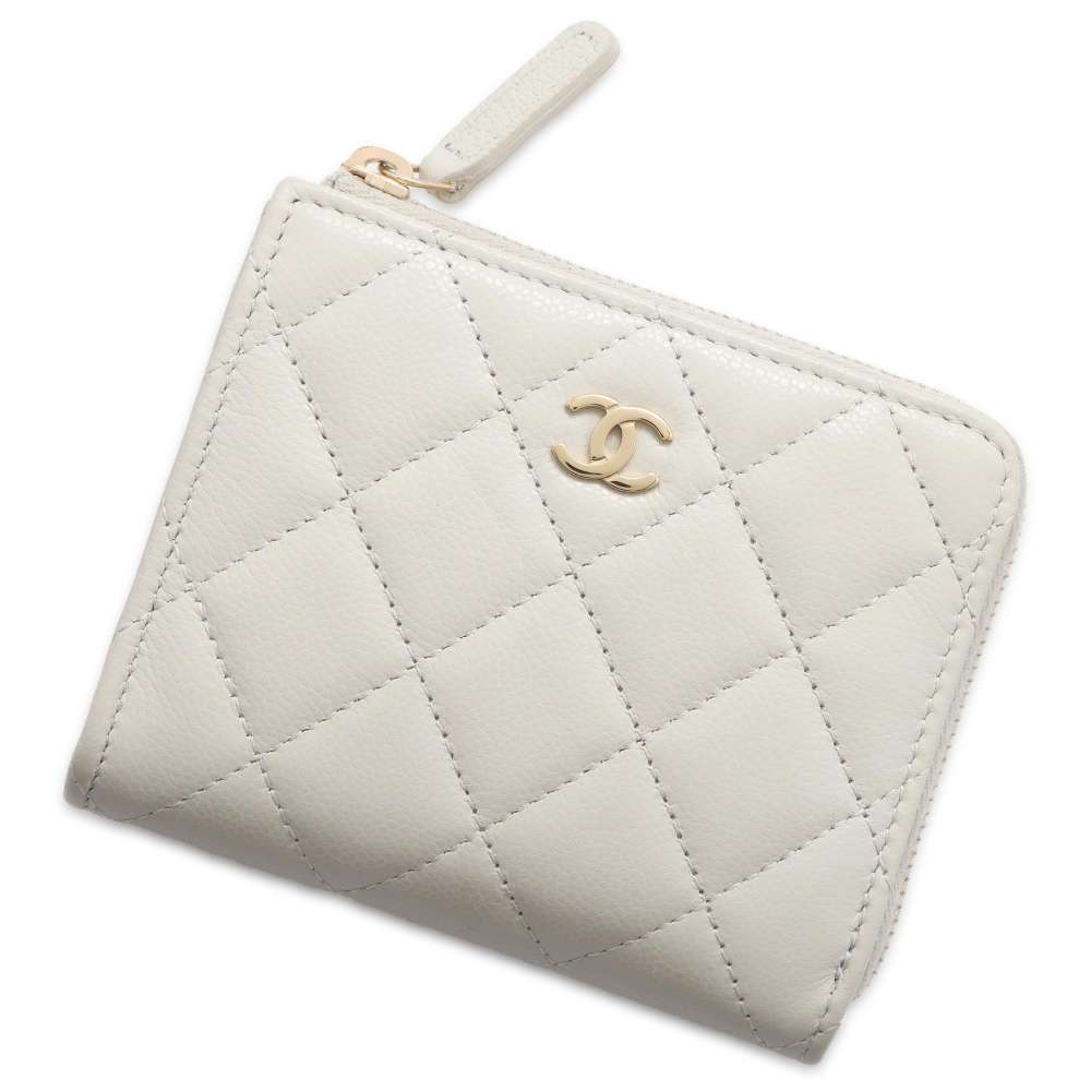 CHANEL Matelasse L-shaped zipper compact wallet Light Gray AP3999 Caviar Leather