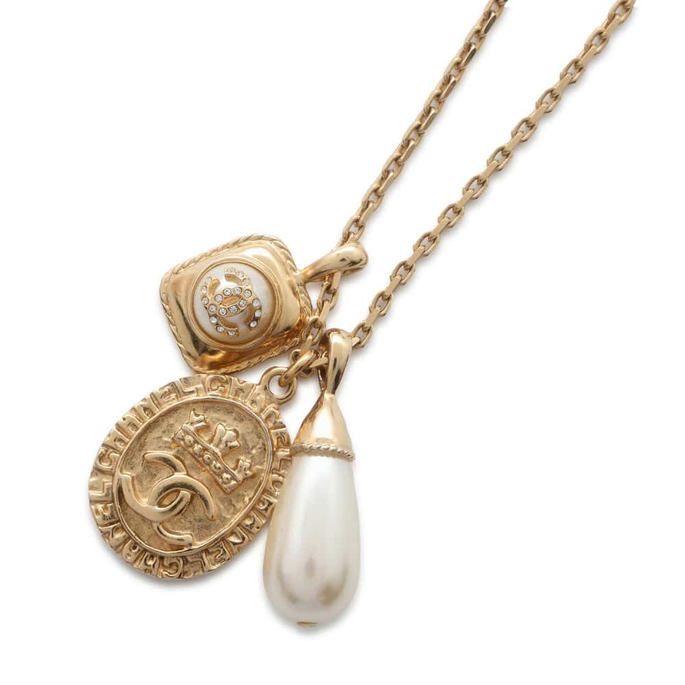 CHANEL Faux Pearl Long Necklace Gold Metal
