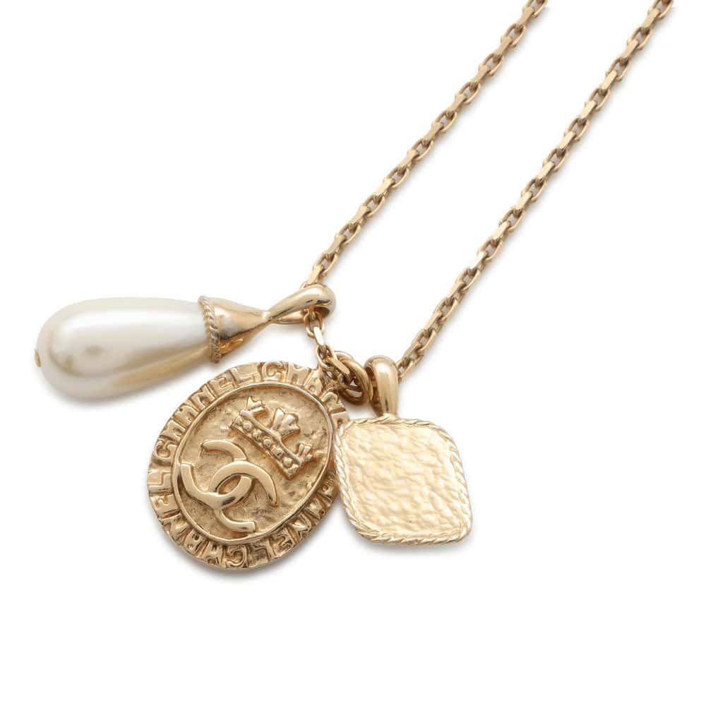 CHANEL Faux Pearl Long Necklace Gold Metal