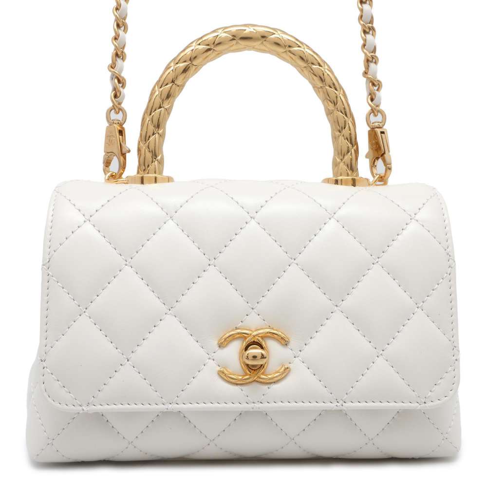 CHANEL top handle chain shoulder bag White AS2215 Calf Leather Size XXS