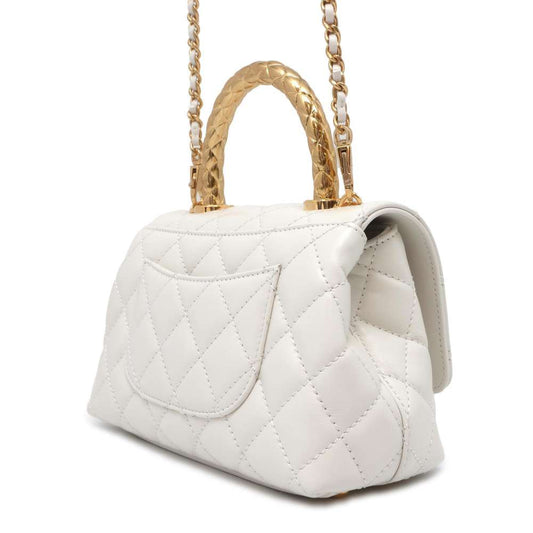 CHANEL top handle chain shoulder bag White AS2215 Calf Leather Size XXS