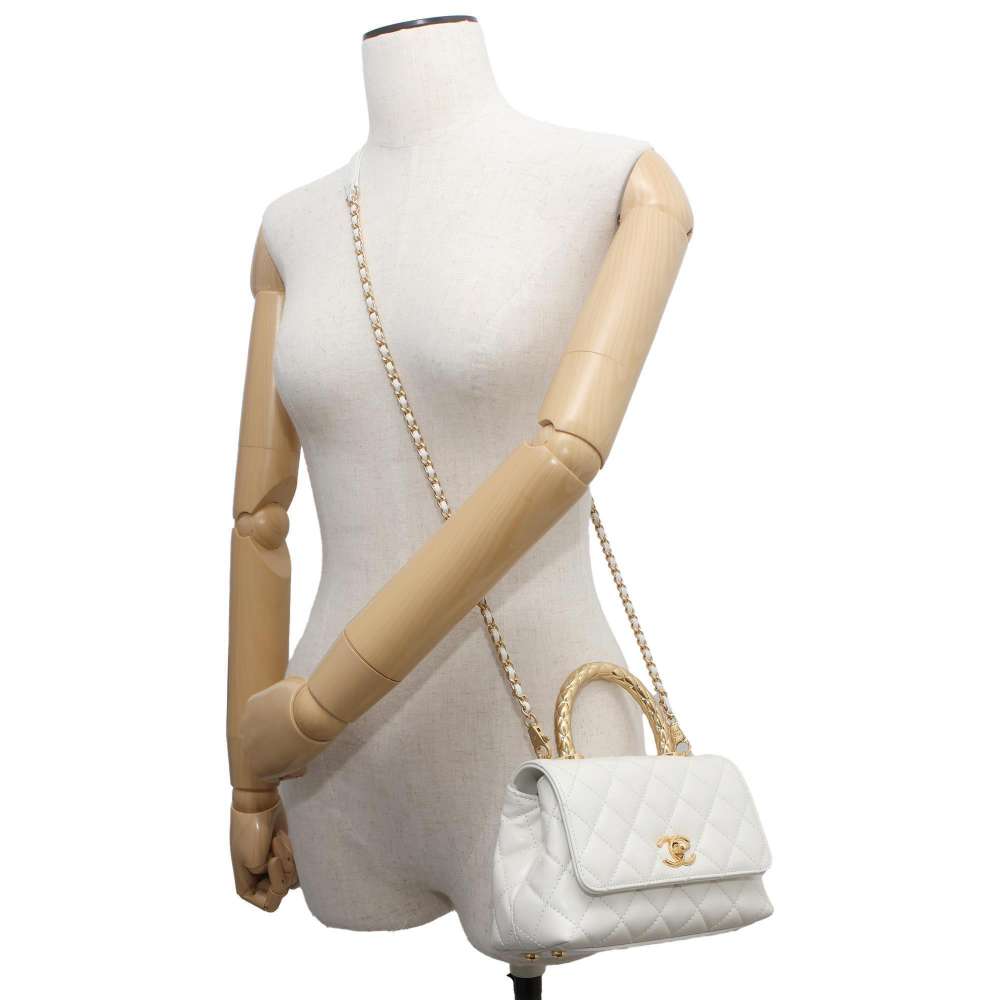 CHANEL top handle chain shoulder bag White AS2215 Calf Leather Size XXS