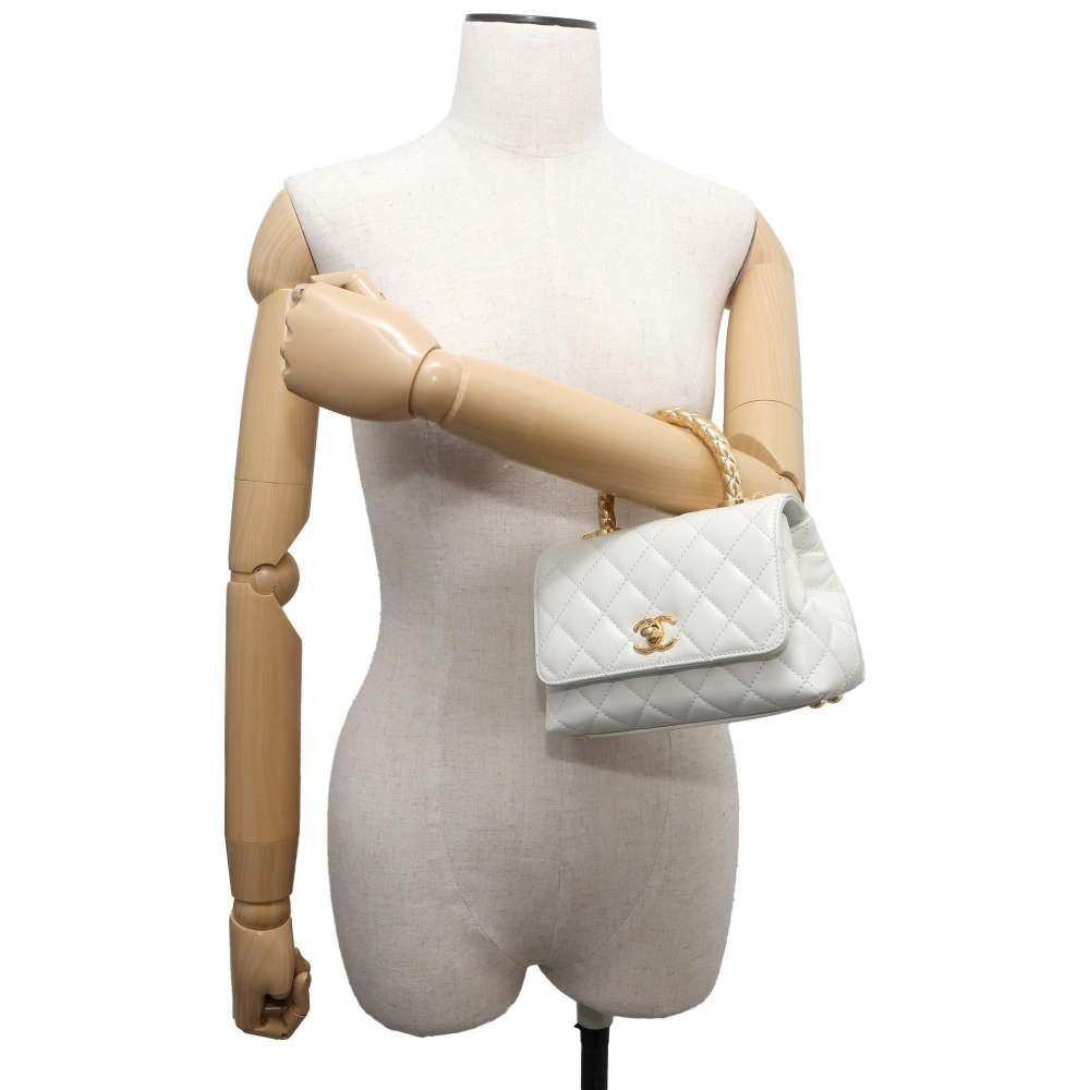 CHANEL top handle chain shoulder bag White AS2215 Calf Leather Size XXS