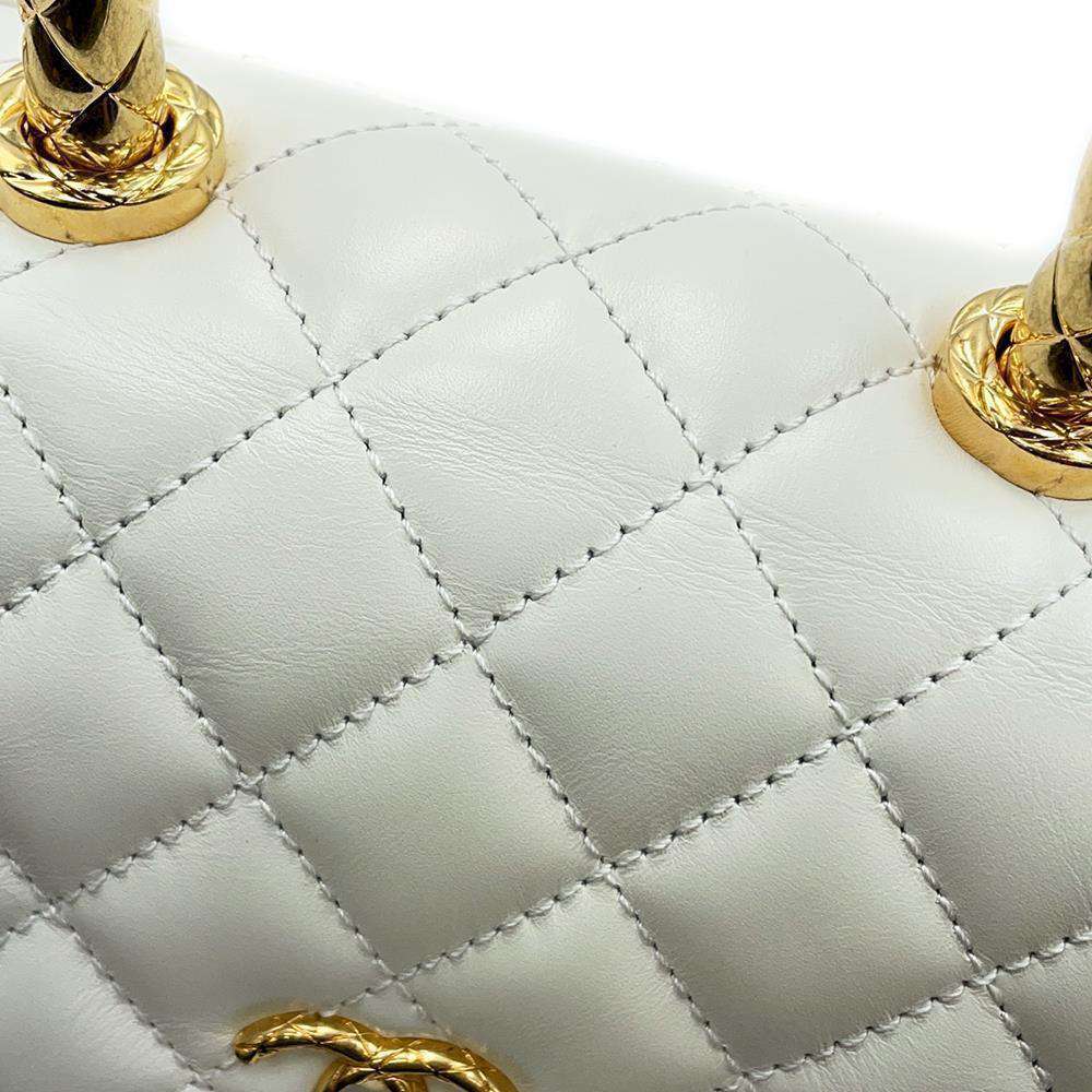 CHANEL top handle chain shoulder bag White AS2215 Calf Leather Size XXS