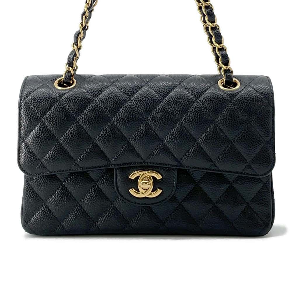 CHANEL Matelasse W Flap ChainShoulder Bag Black A01113 Caviar Leather Size 23