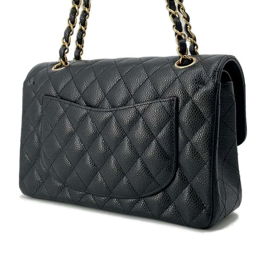 CHANEL Matelasse W Flap ChainShoulder Bag Black A01113 Caviar Leather Size 23