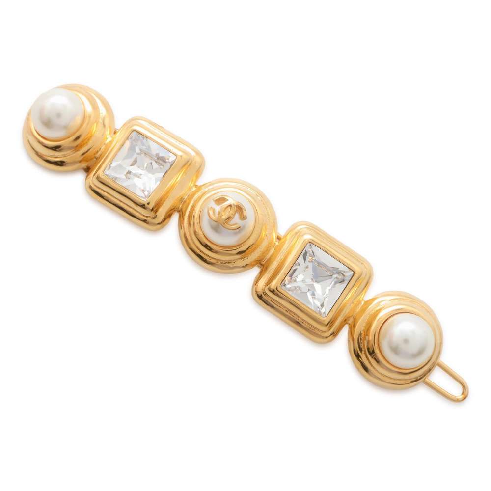 CHANEL Barrette CC Logo AB5166 Metal Faux Pearl  Rhinestone Gold Plated