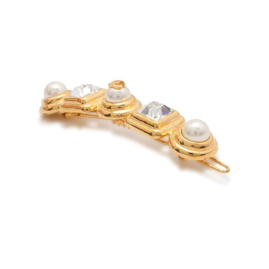 CHANEL Barrette CC Logo AB5166 Metal Faux Pearl  Rhinestone Gold Plated