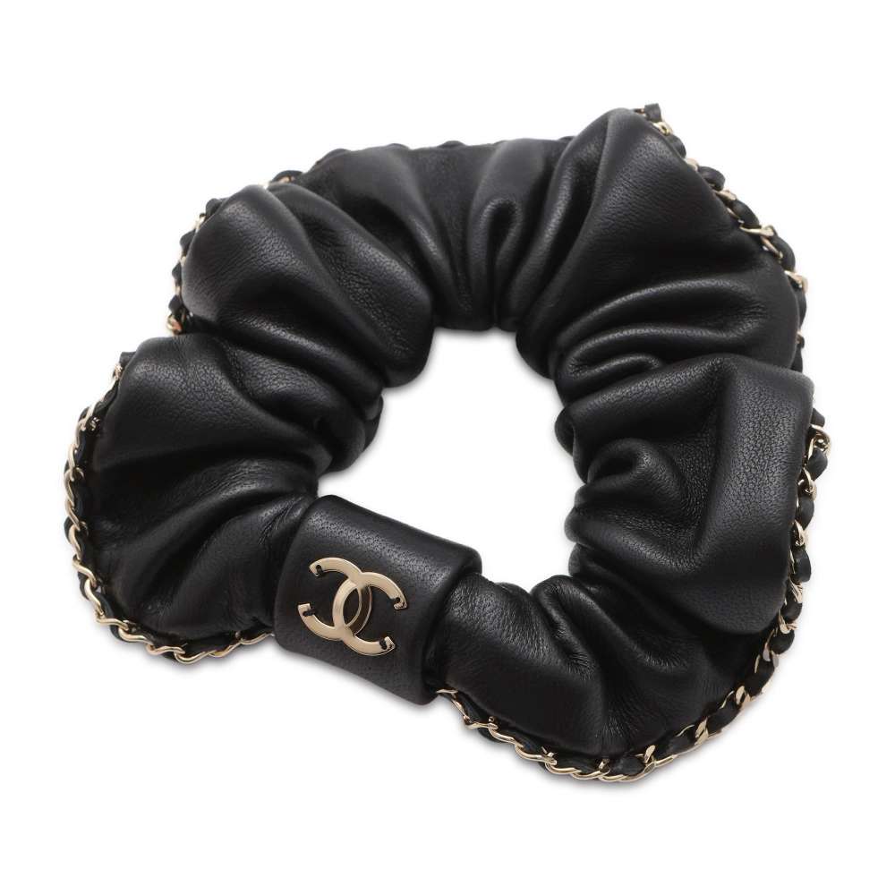 CHANEL CC Leather Chain Hair Scrunchie Black AA7491 Leather