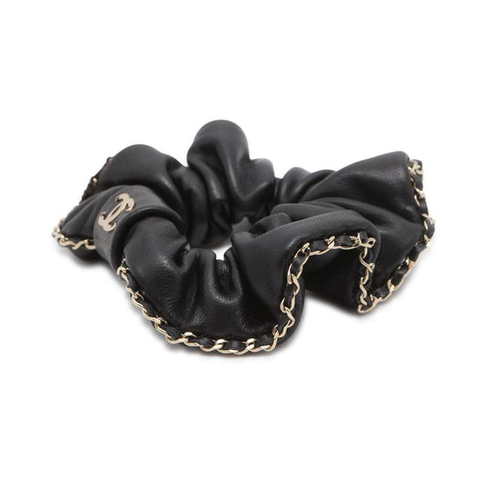CHANEL CC Leather Chain Hair Scrunchie Black AA7491 Leather