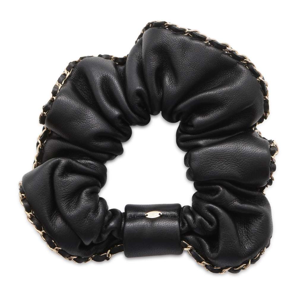 CHANEL CC Leather Chain Hair Scrunchie Black AA7491 Leather