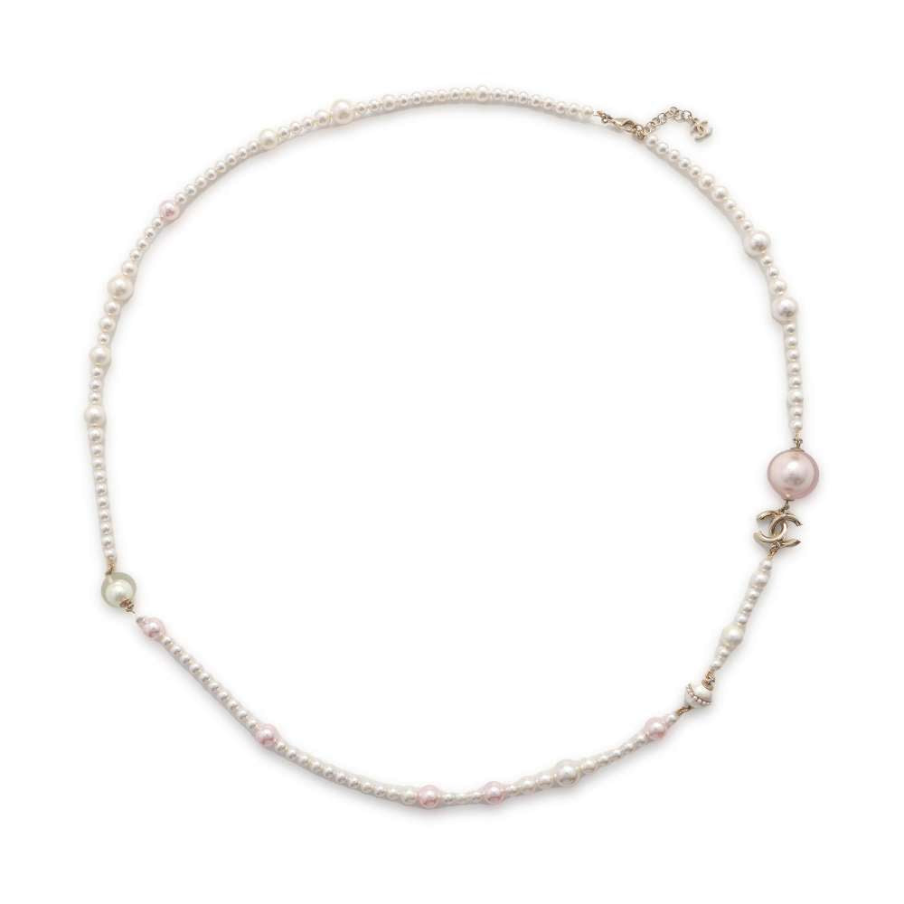 CHANEL CC Logo Long Necklace Metal Faux Pearl