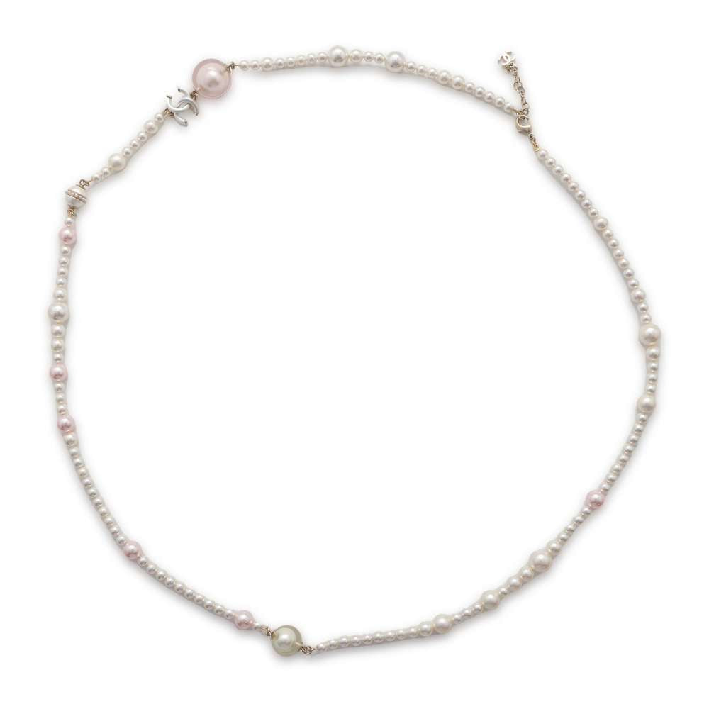 CHANEL CC Logo Long Necklace Metal Faux Pearl