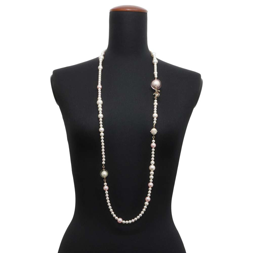 CHANEL CC Logo Long Necklace Metal Faux Pearl