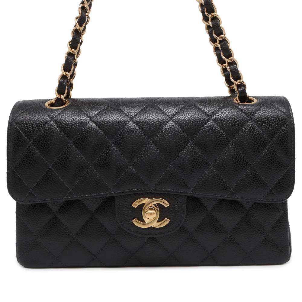 CHANEL Matelasse W Flap ChainShoulder Bag Black A01113 Caviar Leather Size 23