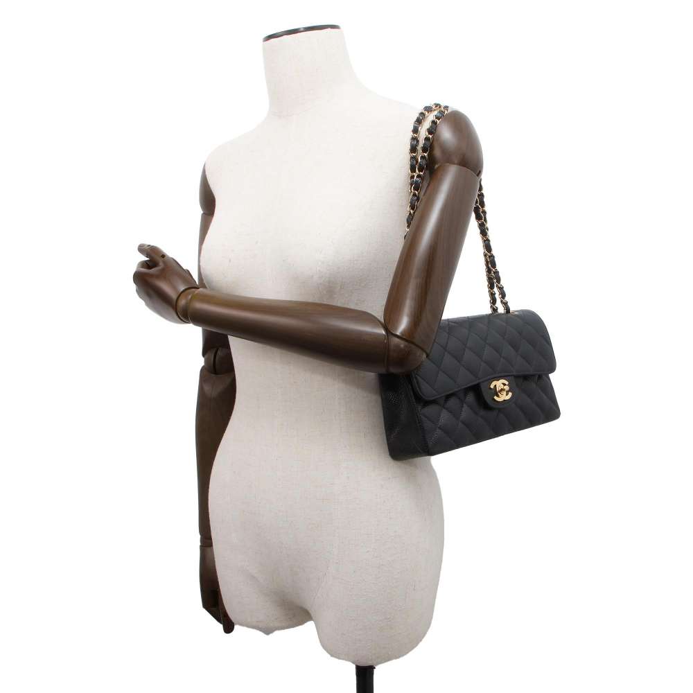 CHANEL Matelasse W Flap ChainShoulder Bag Black A01113 Caviar Leather Size 23