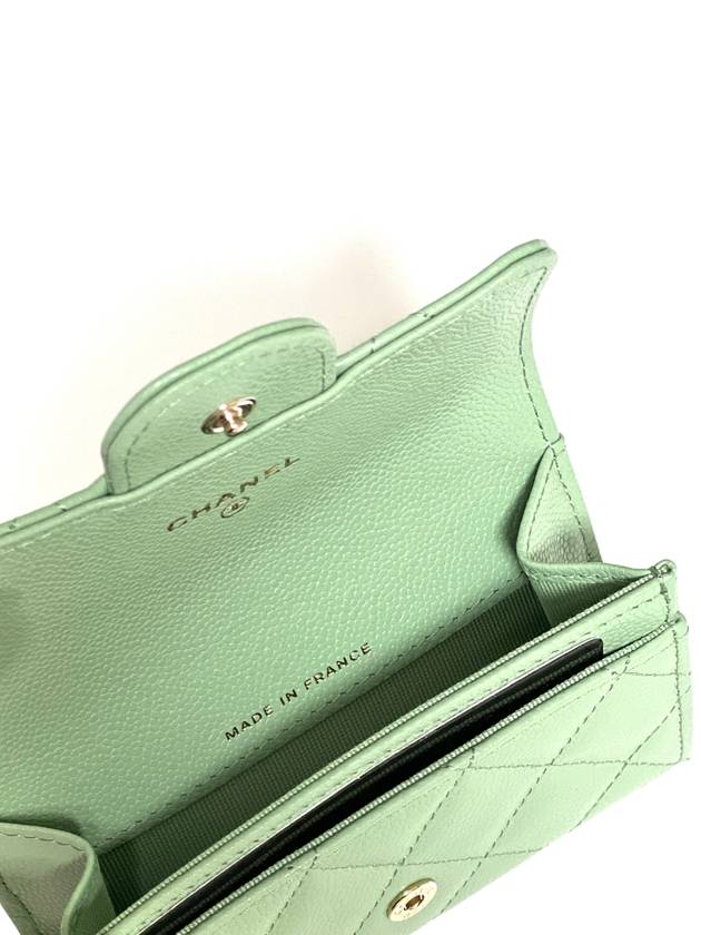 Classic Gold Logo Grained Shiny Calfskin Card Wallet Light Green Chanel