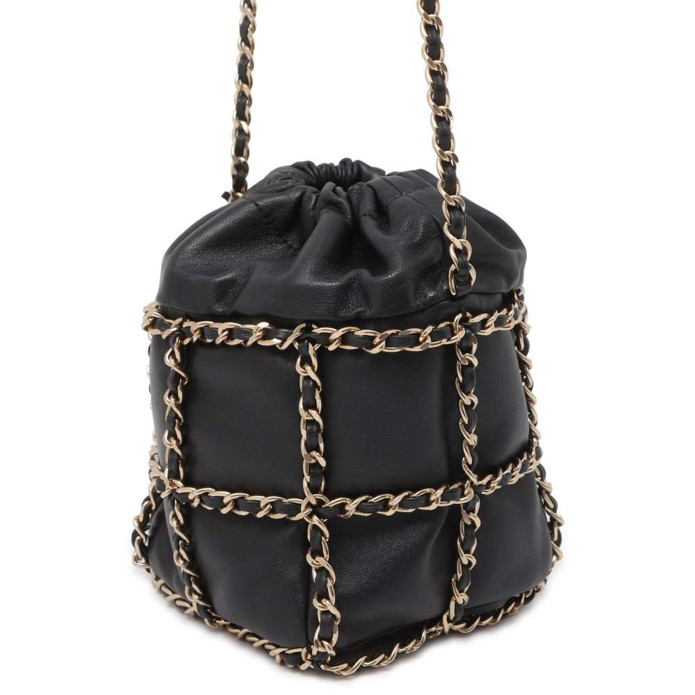 CHANEL Drawstring Bag Chain Shoulder Bag Black AS2314 Lambskin