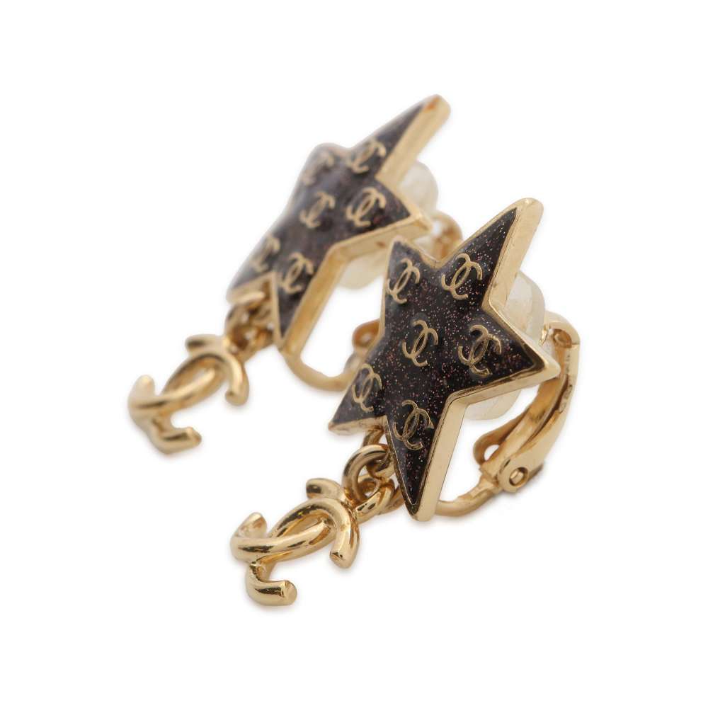 CHANEL CC Logo Star Motif Earrings Black Metal