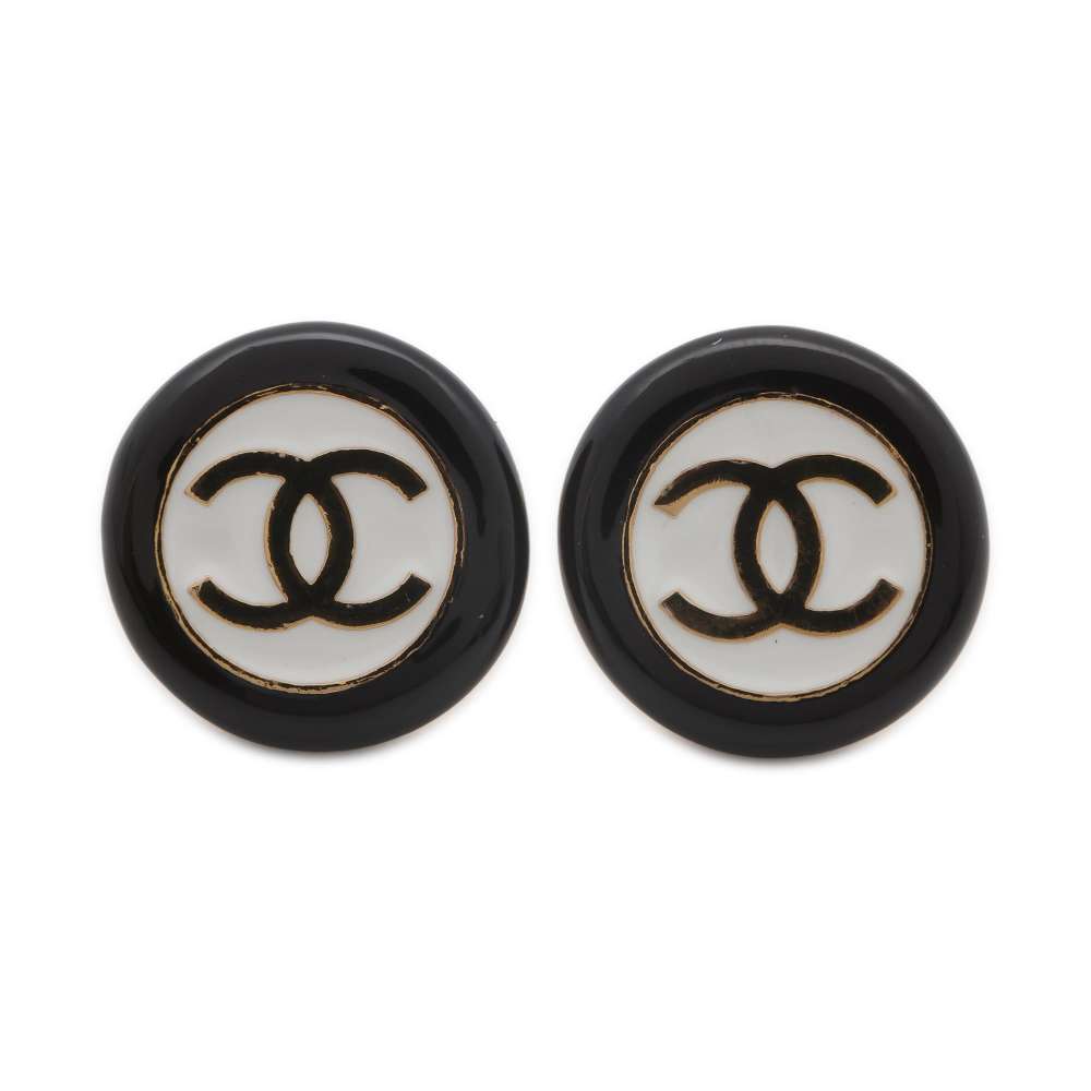 CHANEL CC Logo Circle Bicolor Earrings Black/White ABC997 Metal