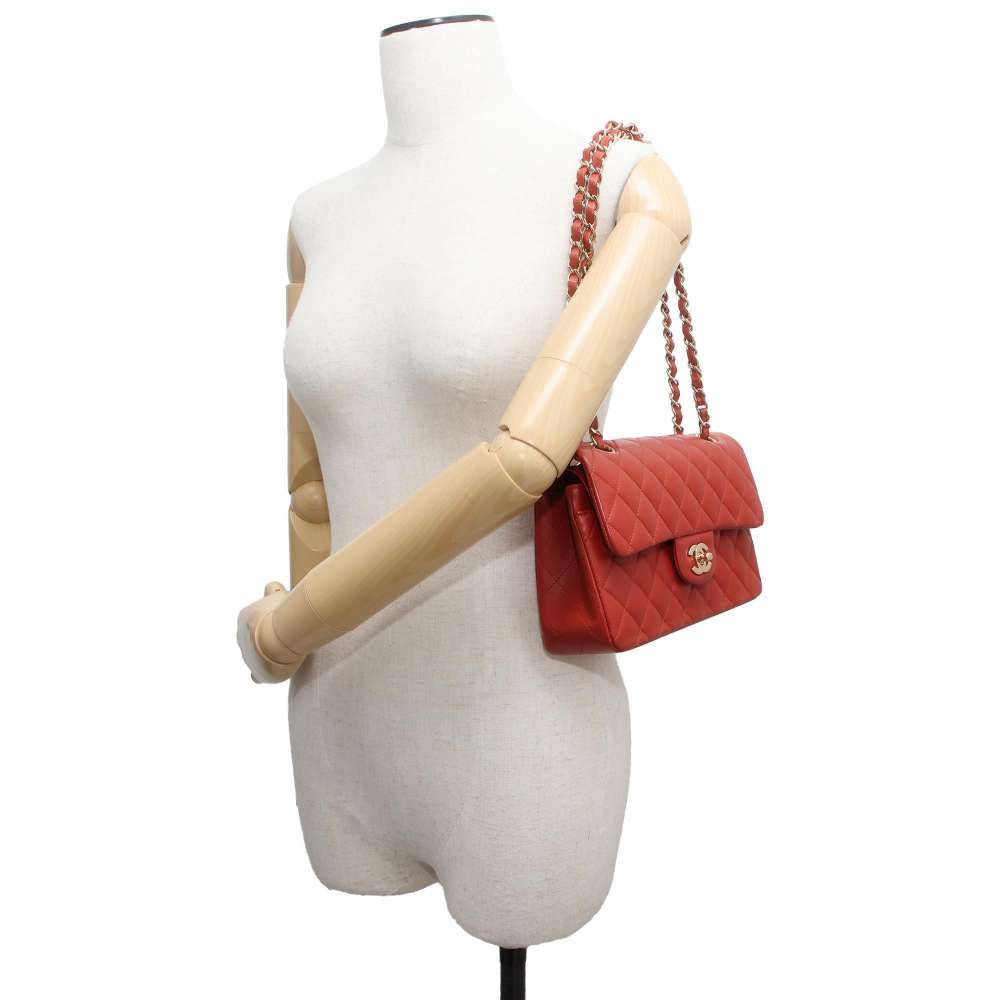CHANEL Matelasse Double Flap ChainShoulder Bag Red A01113 Lambskin Size 23