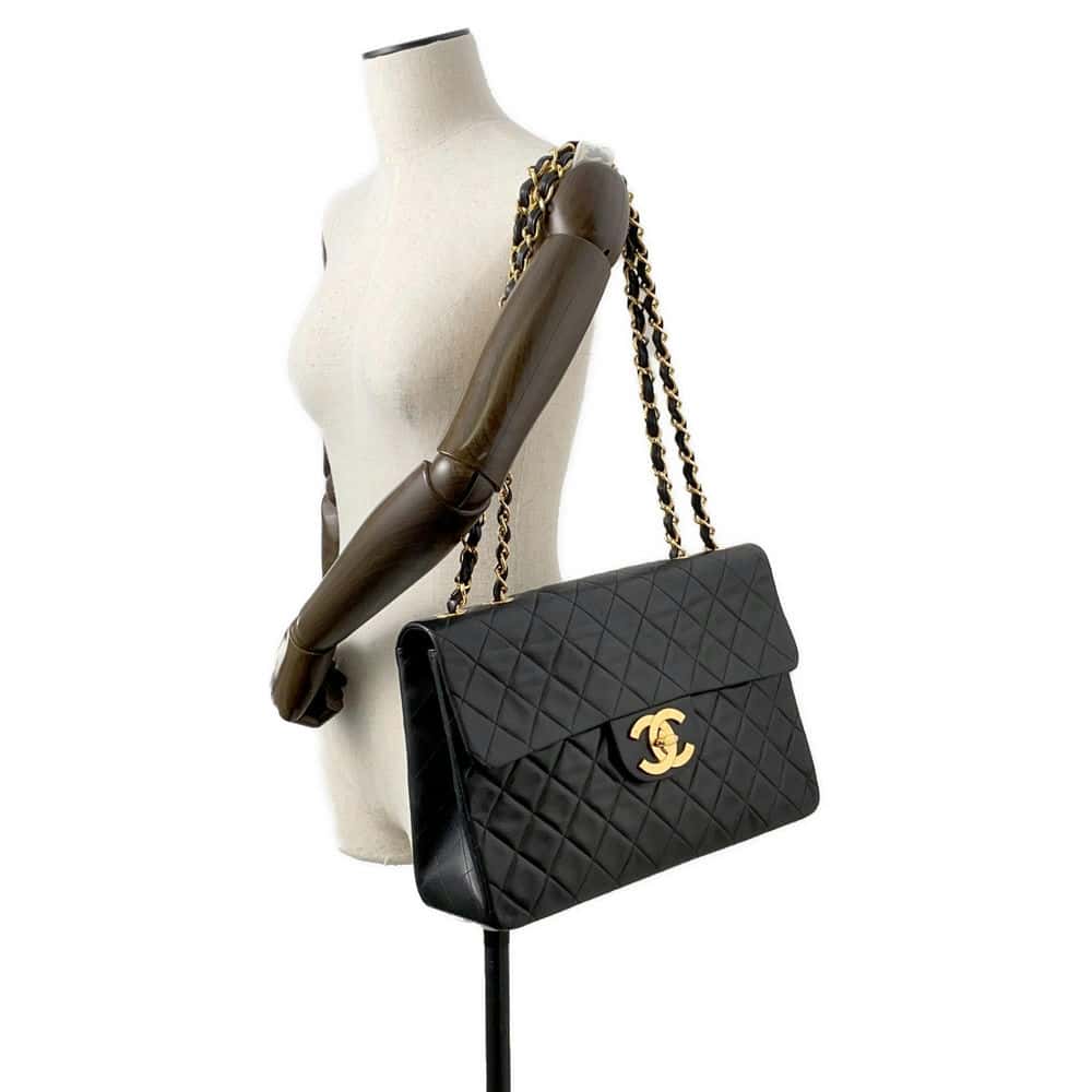 CHANEL Jumbo Matelasse ChainShoulder Bag Black Lambskin Size 34