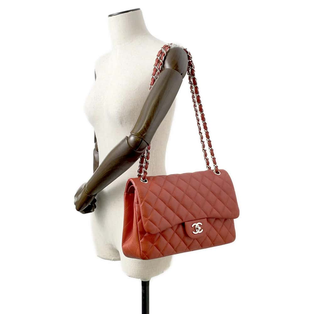 CHANEL Matelasse W Flap ChainShoulder Bag Red A58600 Caviar Leather Size 30
