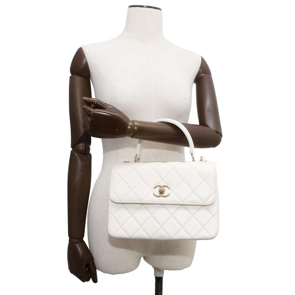 CHANEL Matelasse Top Handle Flap Bag White A92236 Lambskin