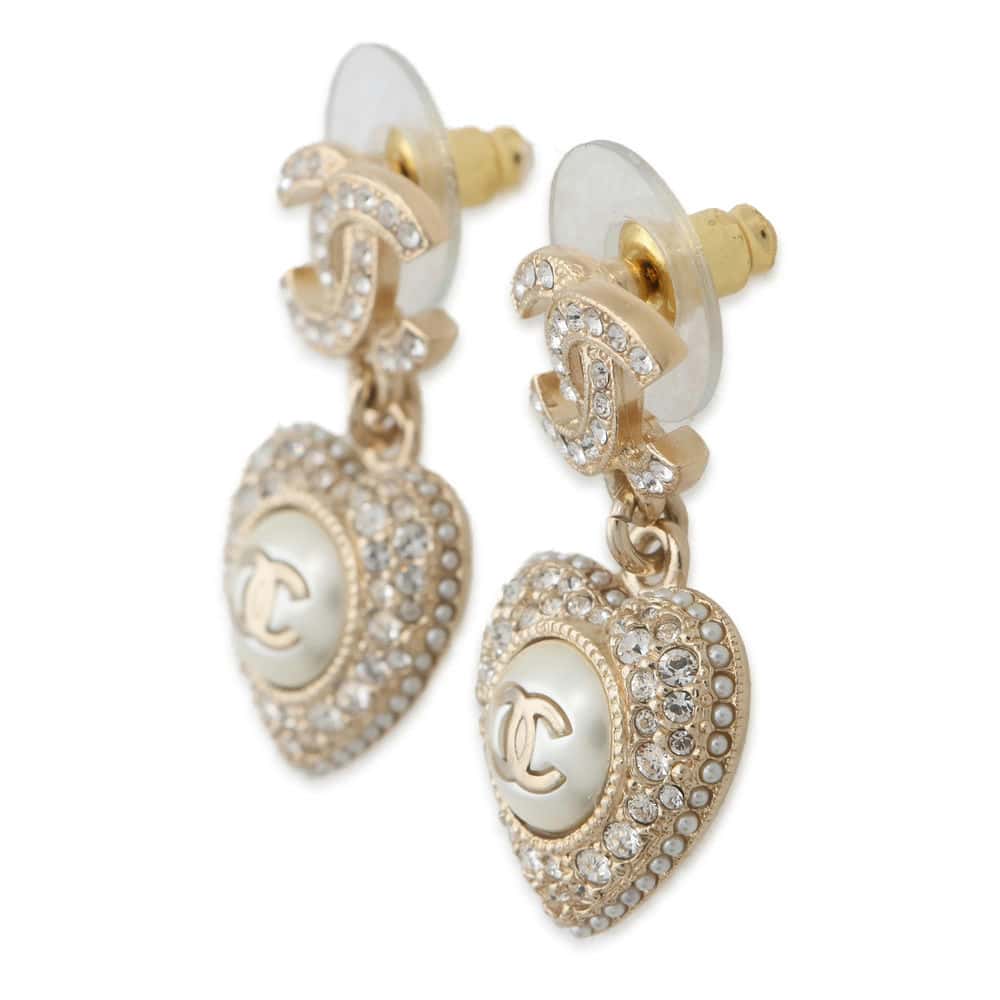 CHANEL CC Logo Heart Swing Earrings Gold AB9398 Metal Rhinestone Faux Pearl