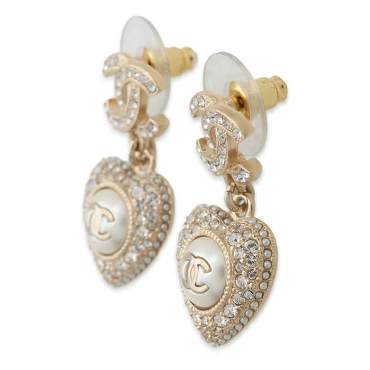 CHANEL CC Logo Heart Swing Earrings Gold AB9398 Metal Rhinestone Faux Pearl