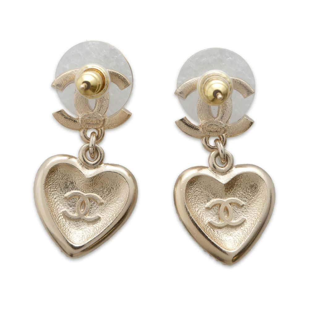 CHANEL CC Logo Heart Swing Earrings Gold AB9398 Metal Rhinestone Faux Pearl
