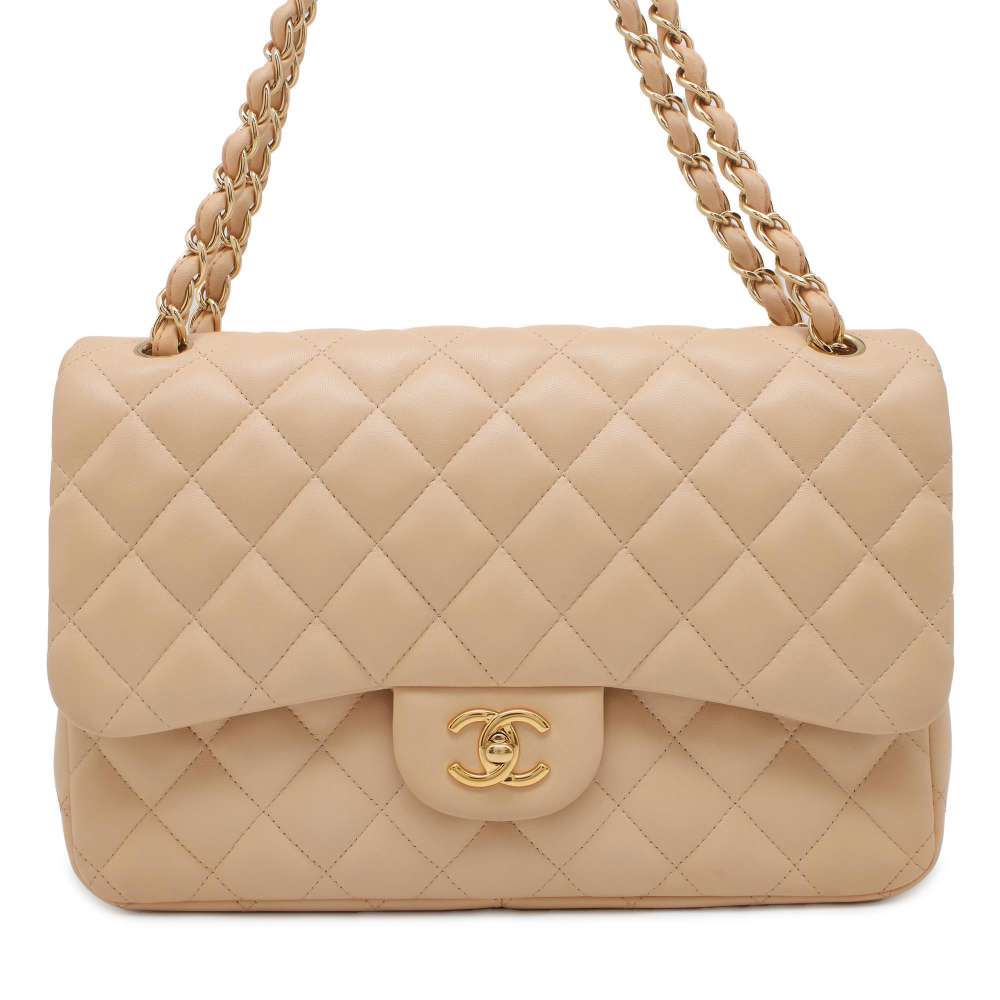 CHANEL Matelasse W Flap W Chain Shoulder Beige A58600 Lambskin Size 30