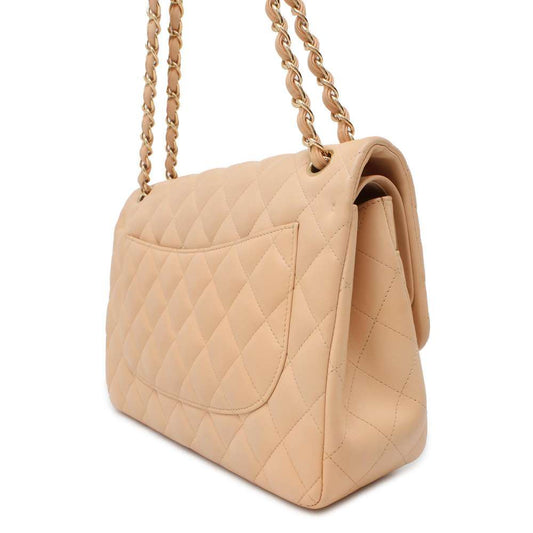 CHANEL Matelasse W Flap W Chain Shoulder Beige A58600 Lambskin Size 30