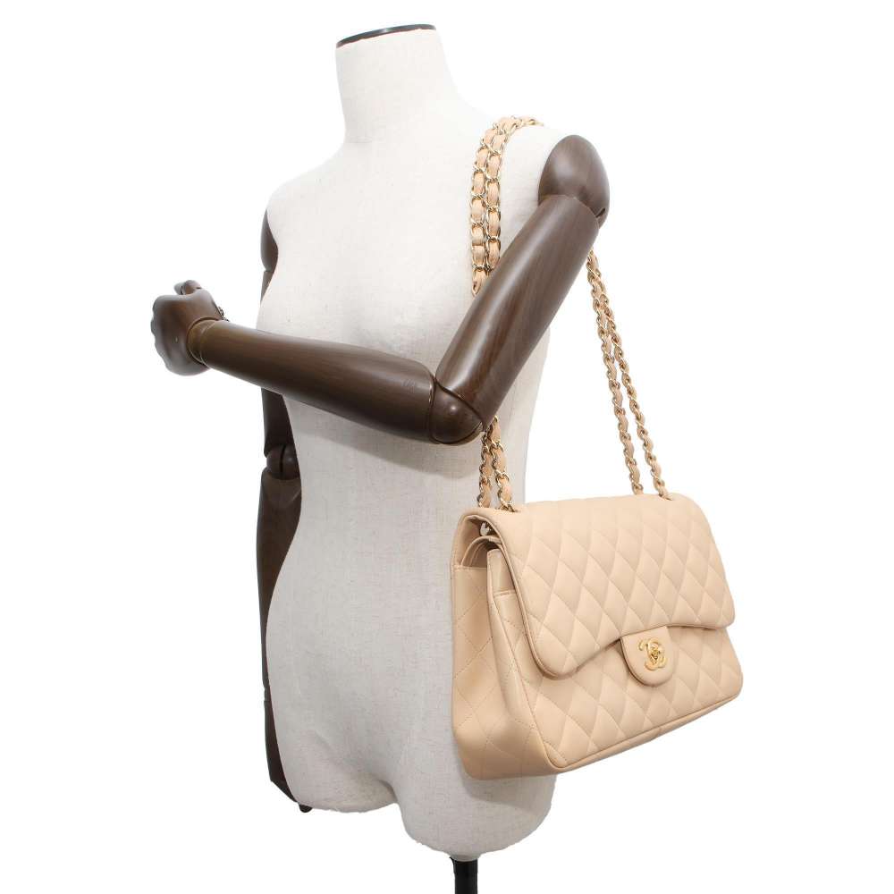 CHANEL Matelasse W Flap W Chain Shoulder Beige A58600 Lambskin Size 30