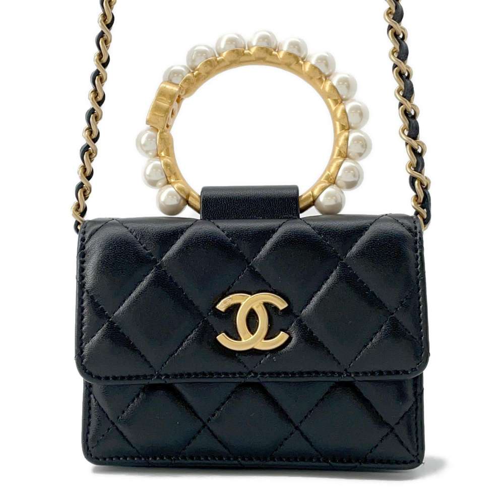 CHANEL Faux Pearl Handle Chain Shoulder Bag Black AP2274 Lambskin