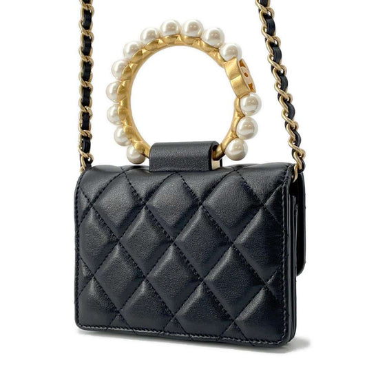 CHANEL Faux Pearl Handle Chain Shoulder Bag Black AP2274 Lambskin