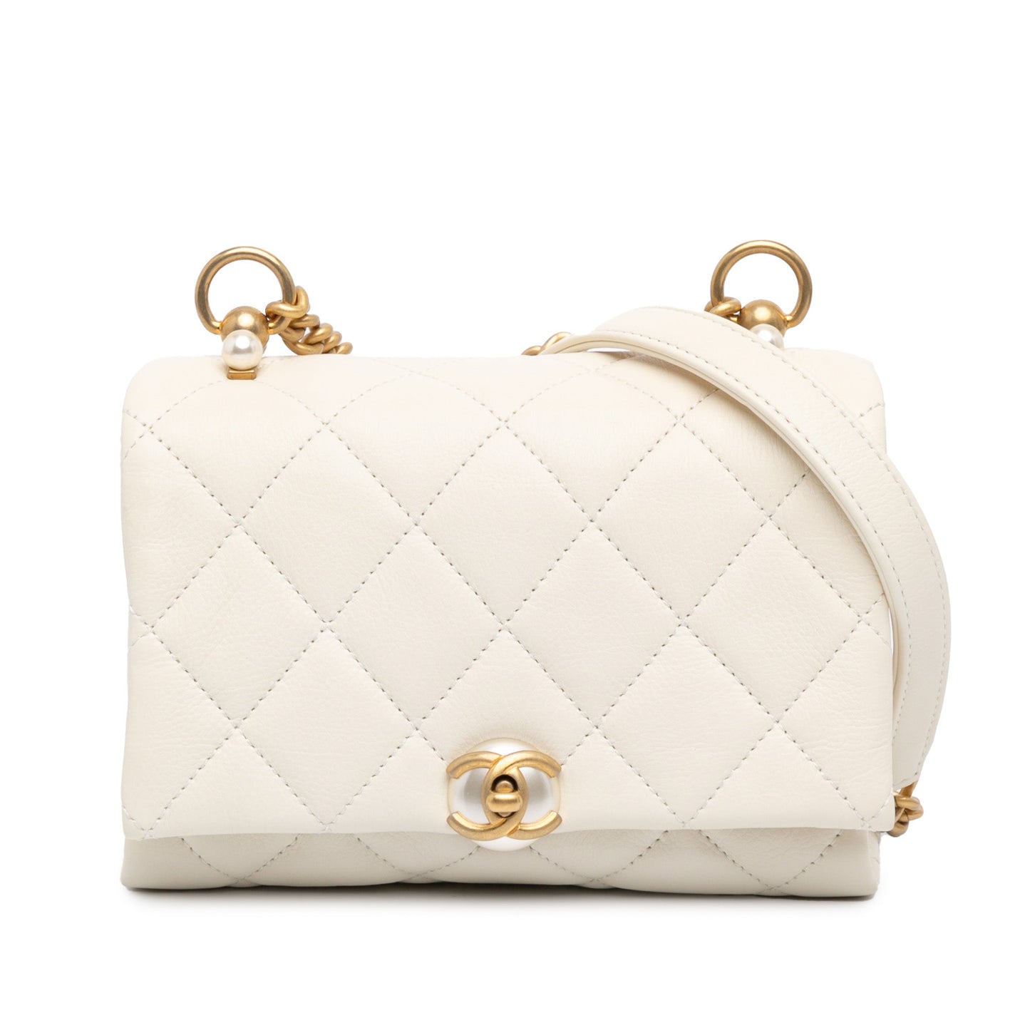 White Chanel Quilted Calfskin Pearl CC Accordion Flap Crossbody Bag