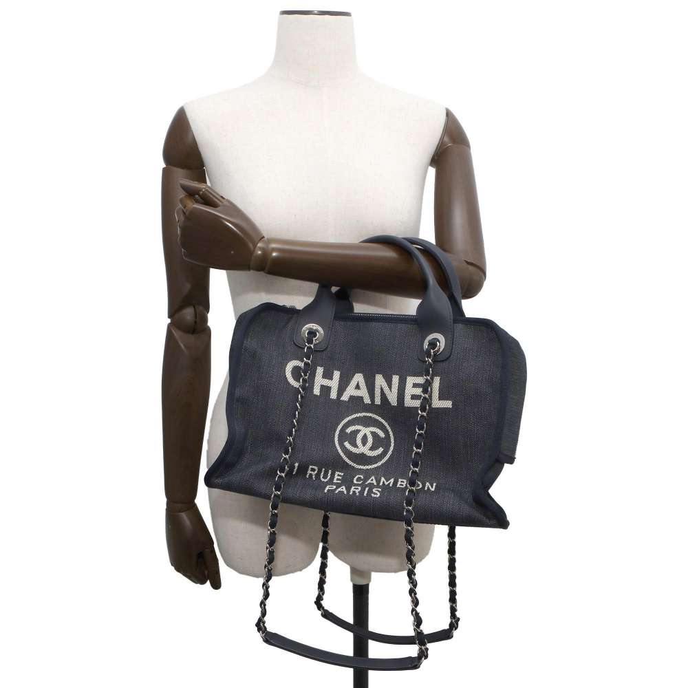 CHANEL Deauville Bowling Bag Navy A92750 Canvas Leather