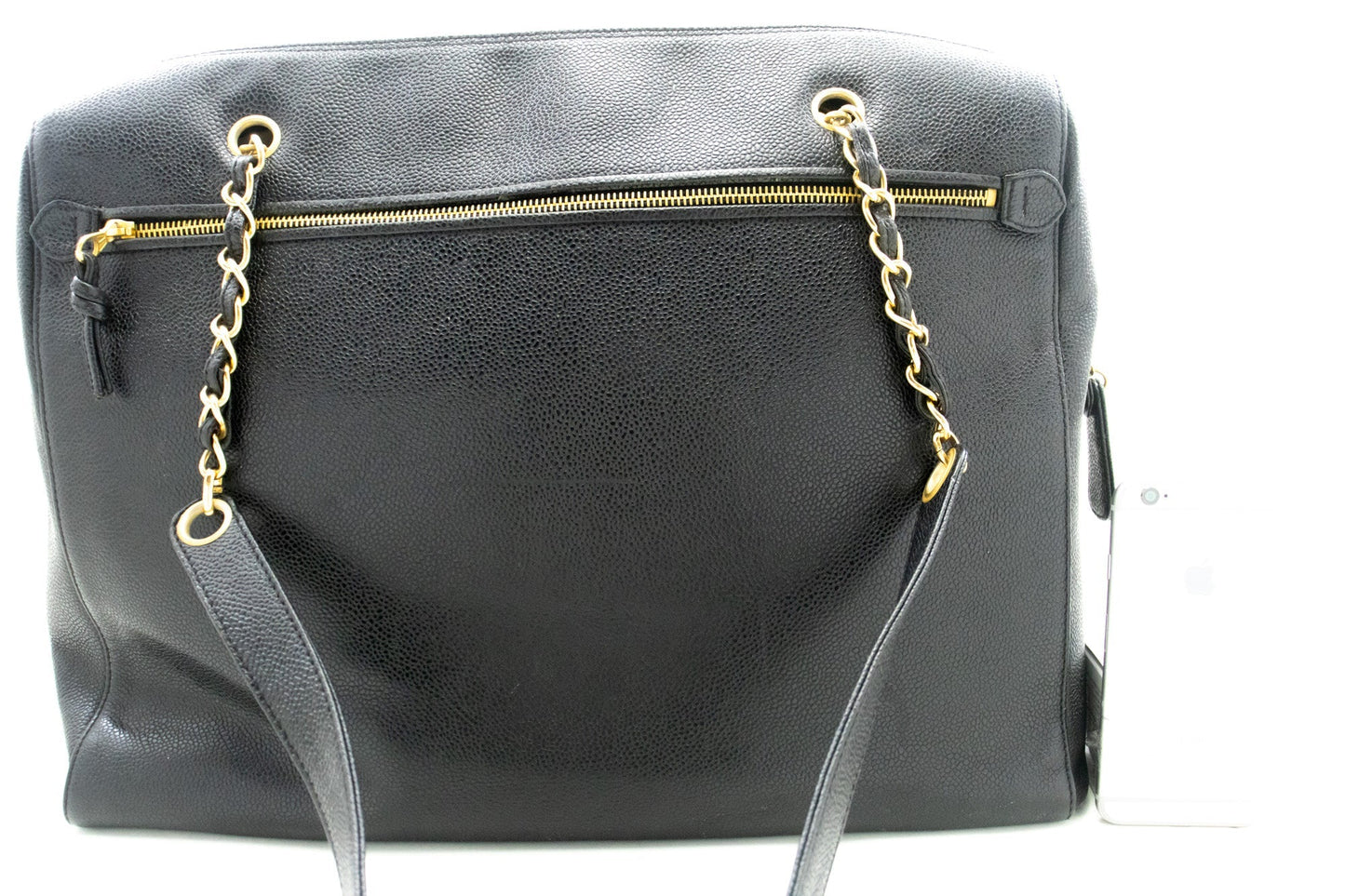 CHANEL Caviar Big Large Chain Shoulder Bag Black Leather Gold Zip