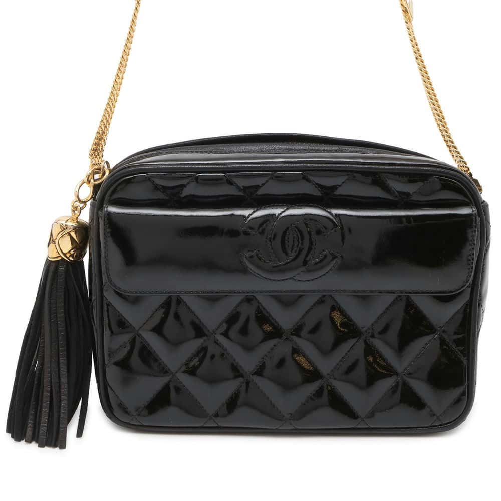 CHANEL Tassel ChainShoulder Bag Black Patent Leather Leather Size Mini